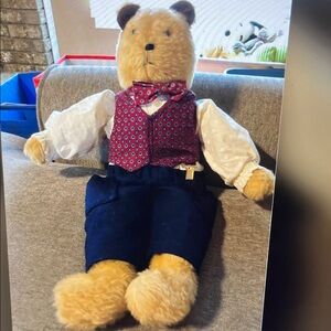 Plush Teddy Bear with Red Vest and Blue Pants